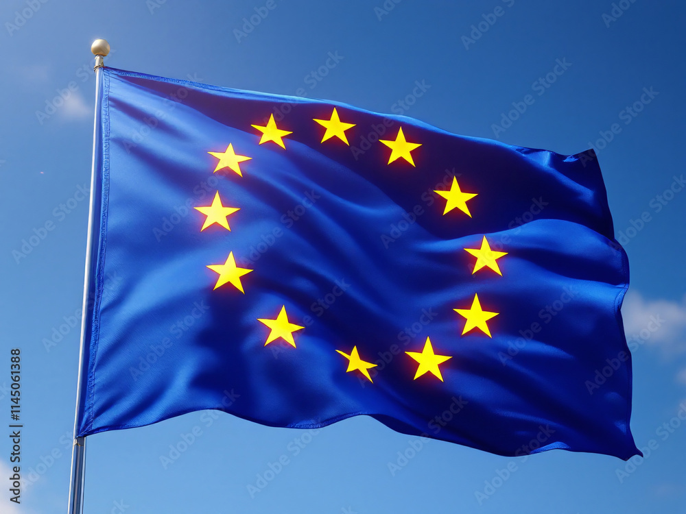 European Union flag waving against a clear blue sky with scattered clouds. European Union flag waving against a clear blue sky with scattered clouds.