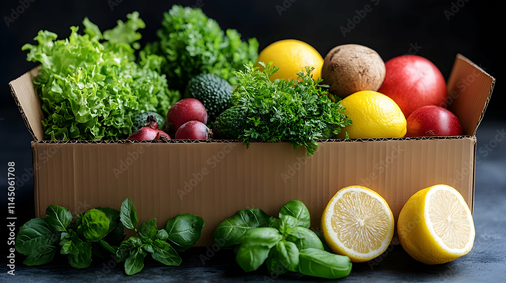 Fresh produce delivery box with various vegetables and fruits. Fresh produce delivery box with various vegetables and fruits.