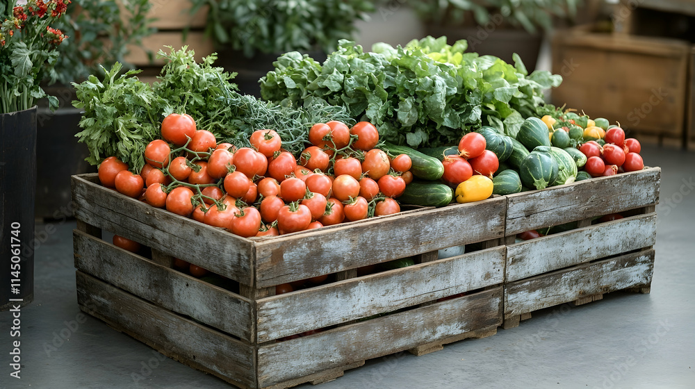 Fresh tomatoes, cucumbers, and leafy greens in rustic wooden crates at a market.