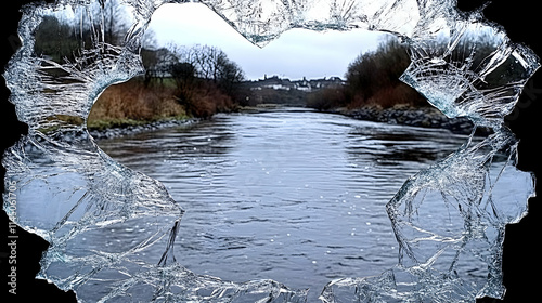 River scene viewed through a broken window.