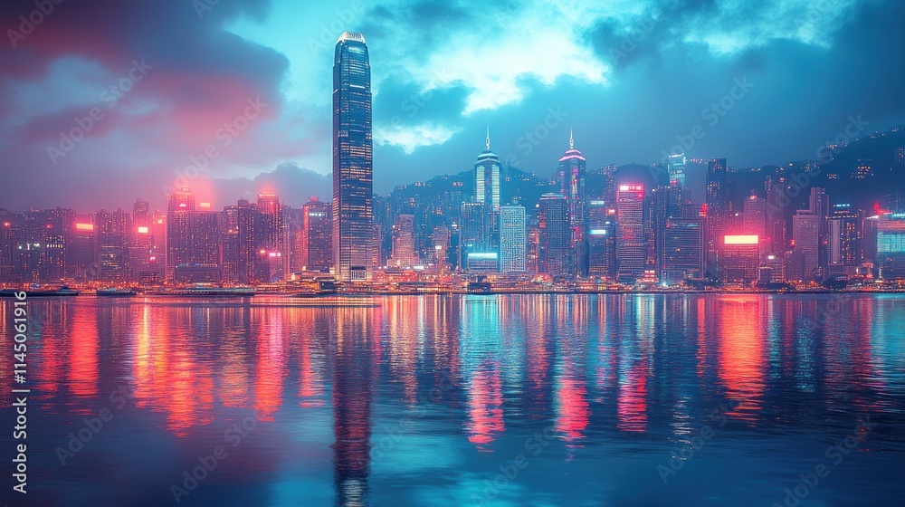 Fototapeta premium A vibrant city skyline at dusk, reflecting lights on water.