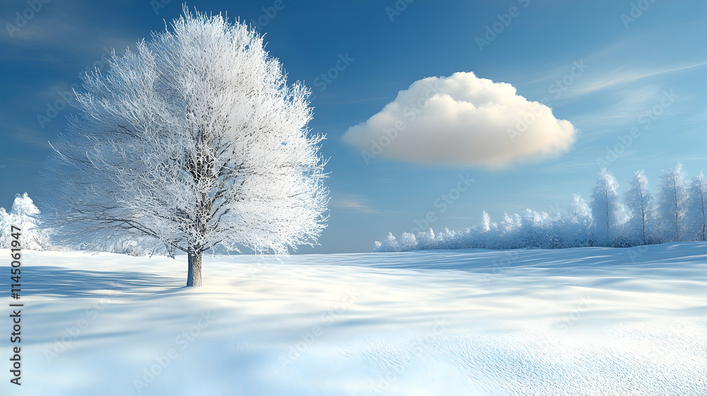 Frosty winter landscape with snow-covered tree and cloud. Frosty winter landscape with snow-covered tree and cloud.