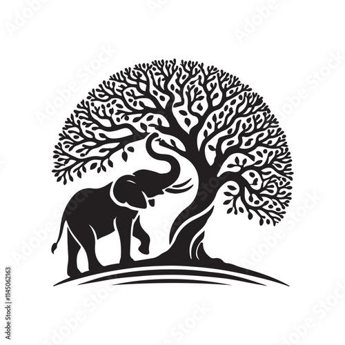 elephant and tree silhouette vector line art logo illustration
