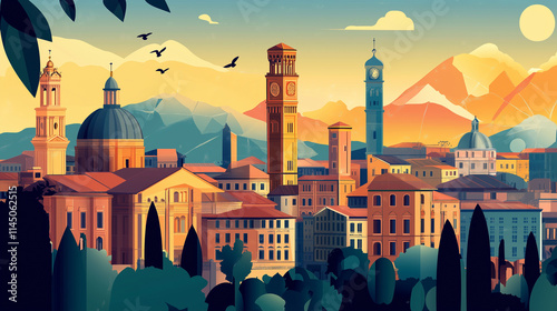 Illustration, Cityscape of Bologna in Italy, touristic advertisement poster. Promotional touristic poster. Beautiful city in Italy. Must-see tourist travel destination.