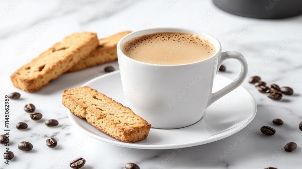 Coffee cup with biscotti on saucer, coffee beans scattered on marble table. Coffee cup with biscotti on saucer, coffee beans scattered on marble table.