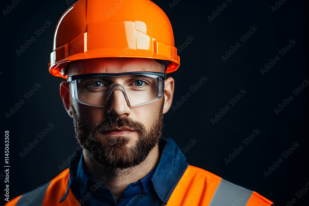 Close-up portrait of a construction worker in an orange hardhat, safety goggles, and reflective vest, highlighting professionalism, safety, and modern industry standards against a dark background.
Close-up portrait of a construction worker in an orange hardhat, safety goggles, and reflective vest, highlighting professionalism, safety, and modern industry standards against a dark background.