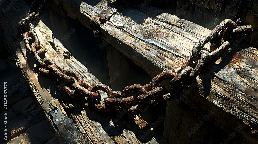Rusty chain on weathered wooden beams. Rusty chain on weathered wooden beams.