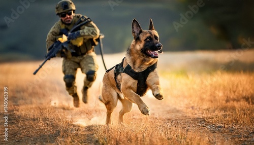 A K9 dog unit in training with the military; canine dogs in the middle of training while wearing a tactical vest and equipment; a german sheppard dog under training by the military; dog training photo