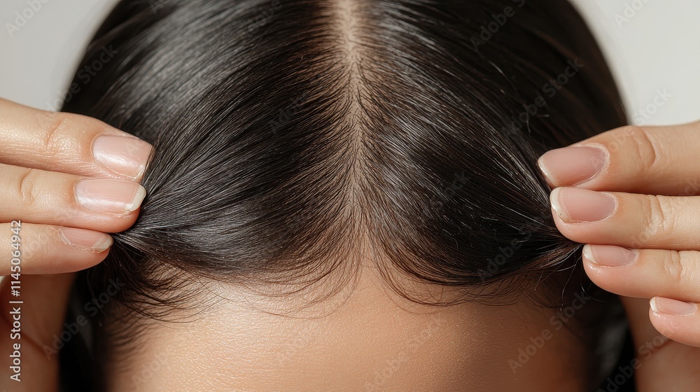 Naklejka premium Woman's hands parting thinning hair, close-up, neutral color palette