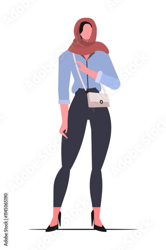  Young woman in casual, elegant, business outfit with hijab. Confident businesswoman concept. Arab female wearing headscarf. Vector illustration. Not AI generated