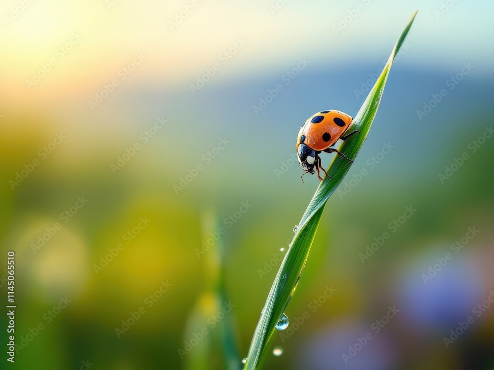 Obraz premium Ladybug perched delicately on a green blade of grass, basking in the warm sunlight of a tranquil morning