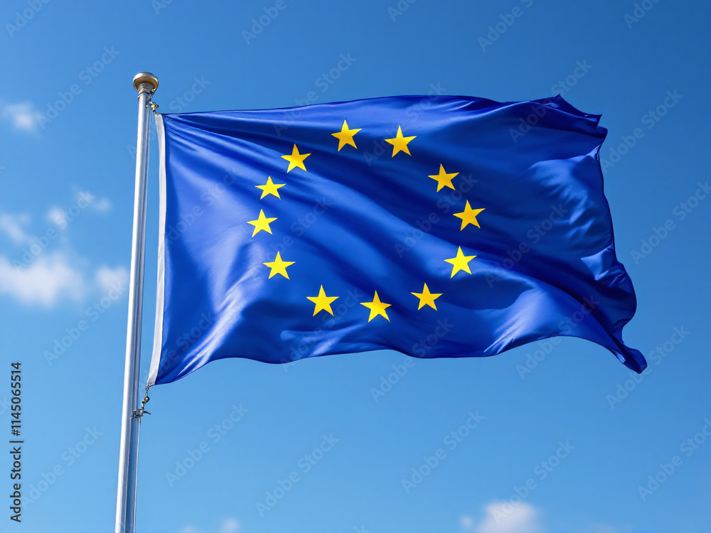 European Union flag waving against a clear blue sky with scattered clouds. European Union flag waving against a clear blue sky with scattered clouds.