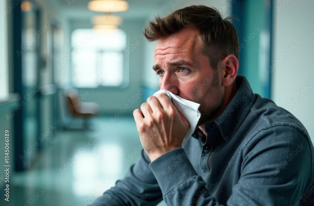 A man with a cold and fever sits on a bench in a clinic, blowing his nose into a handkerchief A man with a cold and fever sits on a bench in a clinic, blowing his nose into a handkerchief