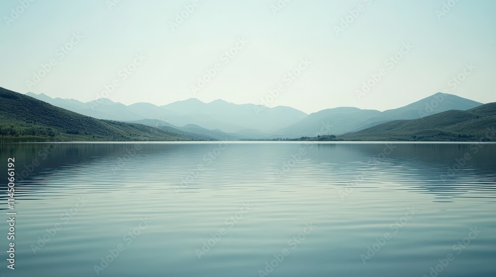 Calm and Serene Lake Reflection Surrounded by Mountains Under Clear Blue Sky in Soft Natural Light at Dawn or Dusk, Perfect for Tranquil Nature Themes Calm and Serene Lake Reflection Surrounded by Mountains Under Clear Blue Sky in Soft Natural Light at Dawn or Dusk, Perfect for Tranquil Nature Themes