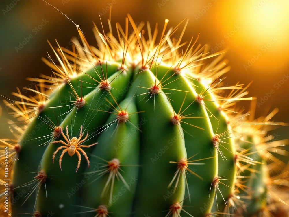 Cactus illuminated by sunset glow with a tiny spider perched on its spines in a serene desert landscape Cactus illuminated by sunset glow with a tiny spider perched on its spines in a serene desert landscape
