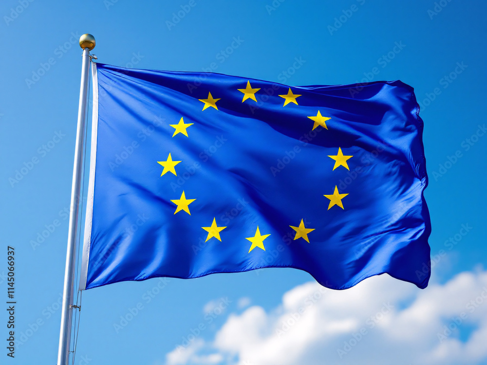 European Union flag waving against a clear blue sky with scattered clouds. European Union flag waving against a clear blue sky with scattered clouds.