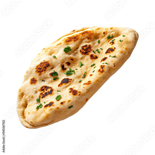 A close-up of naan bread showcasing its golden crust and herbs, isolated on white transparent background, concept of food. photo