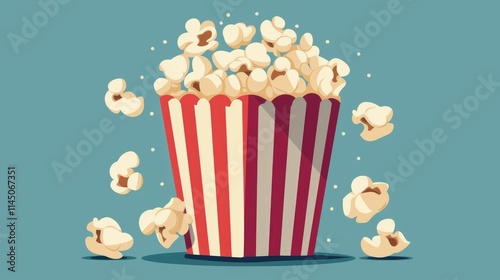 Overflowing red and white striped popcorn bucket with kernels flying out.