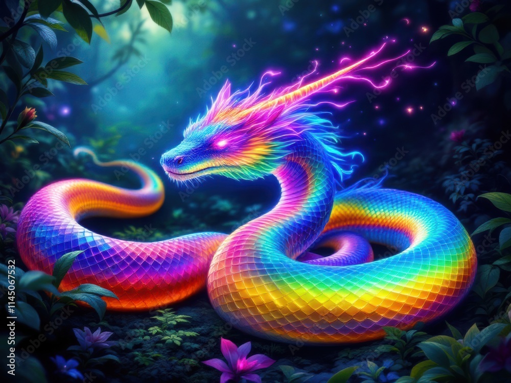 Fototapeta premium Vibrant Rainbow Serpent in Enchanted Forest