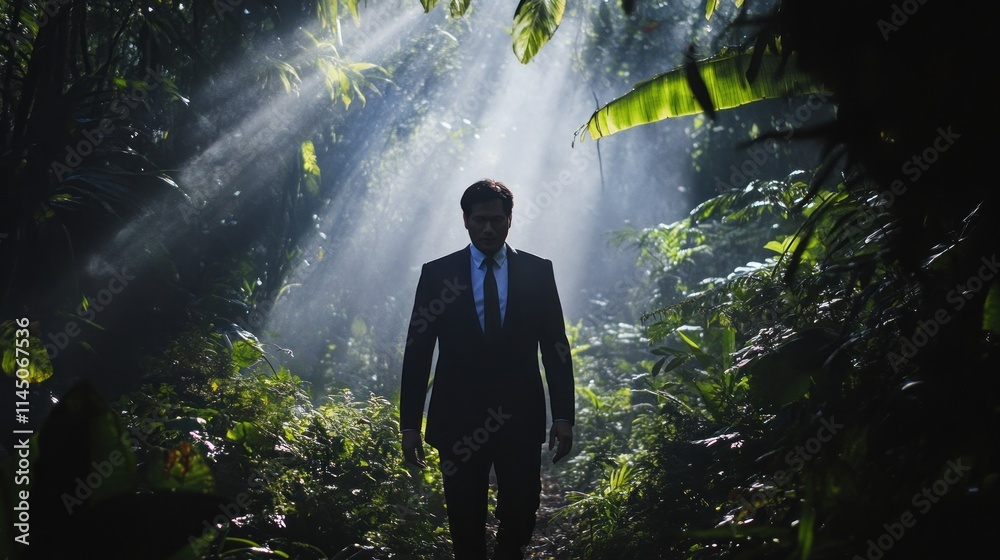 Fototapeta premium A businessman walks through a sun-dappled jungle path.
