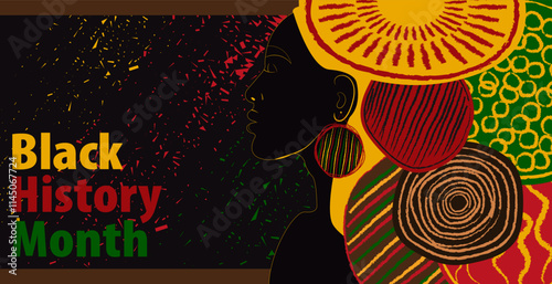 Black History Month holiday banner, wallpaper, web card. Art design cover celebration print with African continent flag