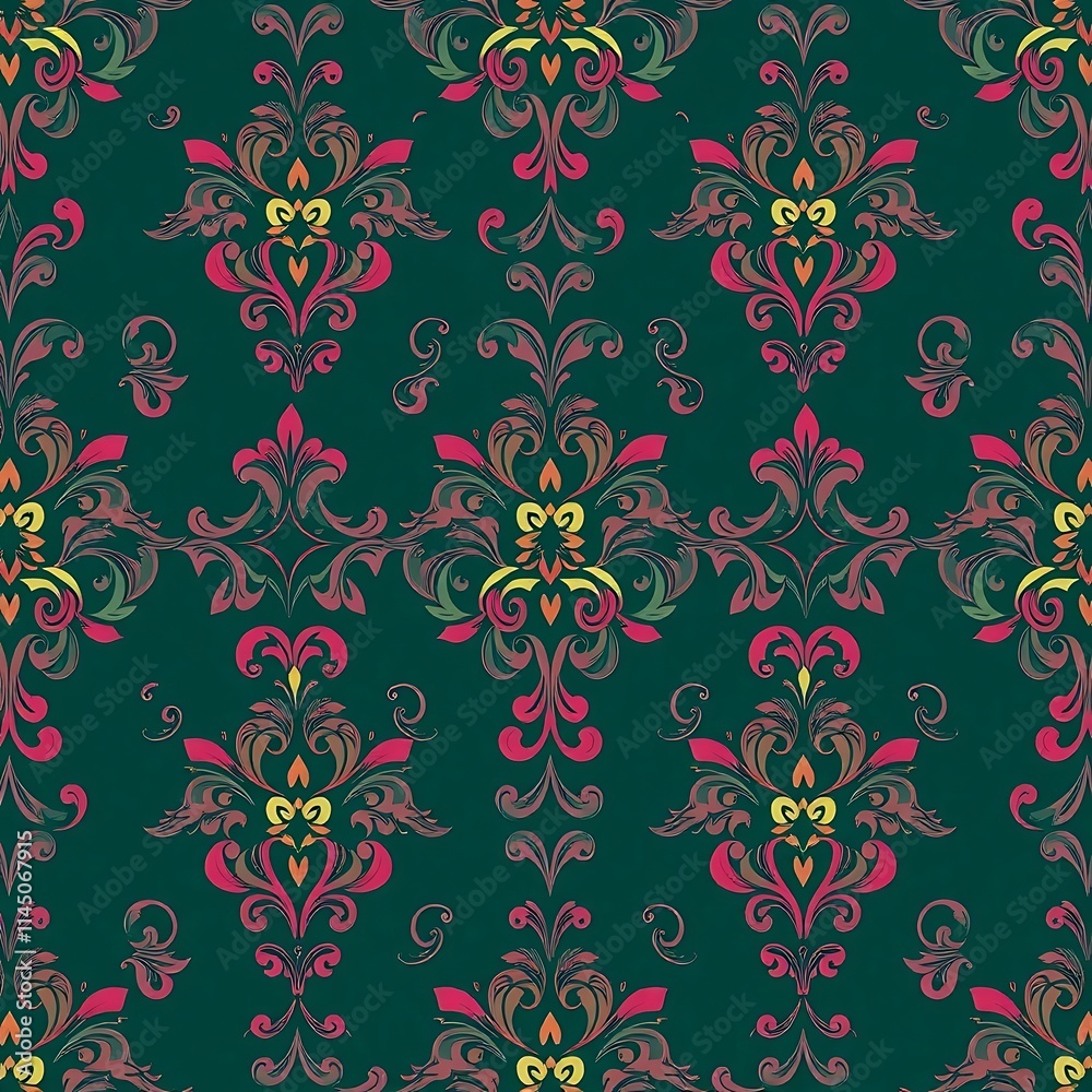 Fototapeta premium Emerald Damask Pattern: A sophisticated and elegant seamless pattern featuring a traditional damask design in rich emerald green, vibrant pink, and golden yellow.