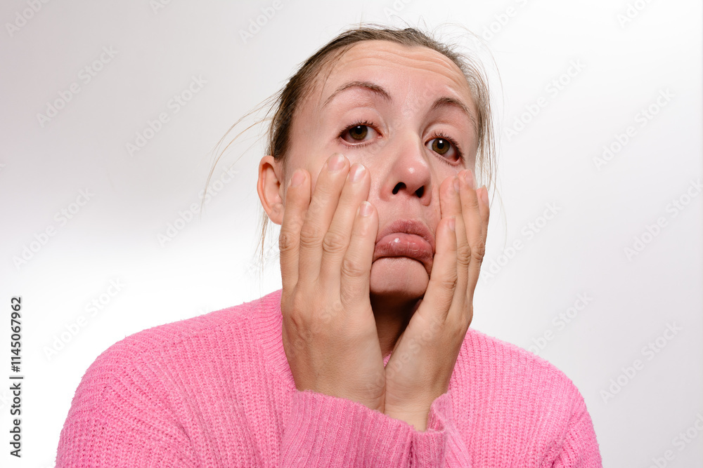 Close-up of a woman with a distressed expression, hands cupping her face, conveying feelings of sadness, worry, or disappointment against a plain backdrop.