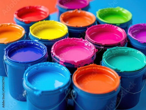 Brightly colored paint cans arranged on a vibrant surface inspire creativity and artistic expression in every hue photo