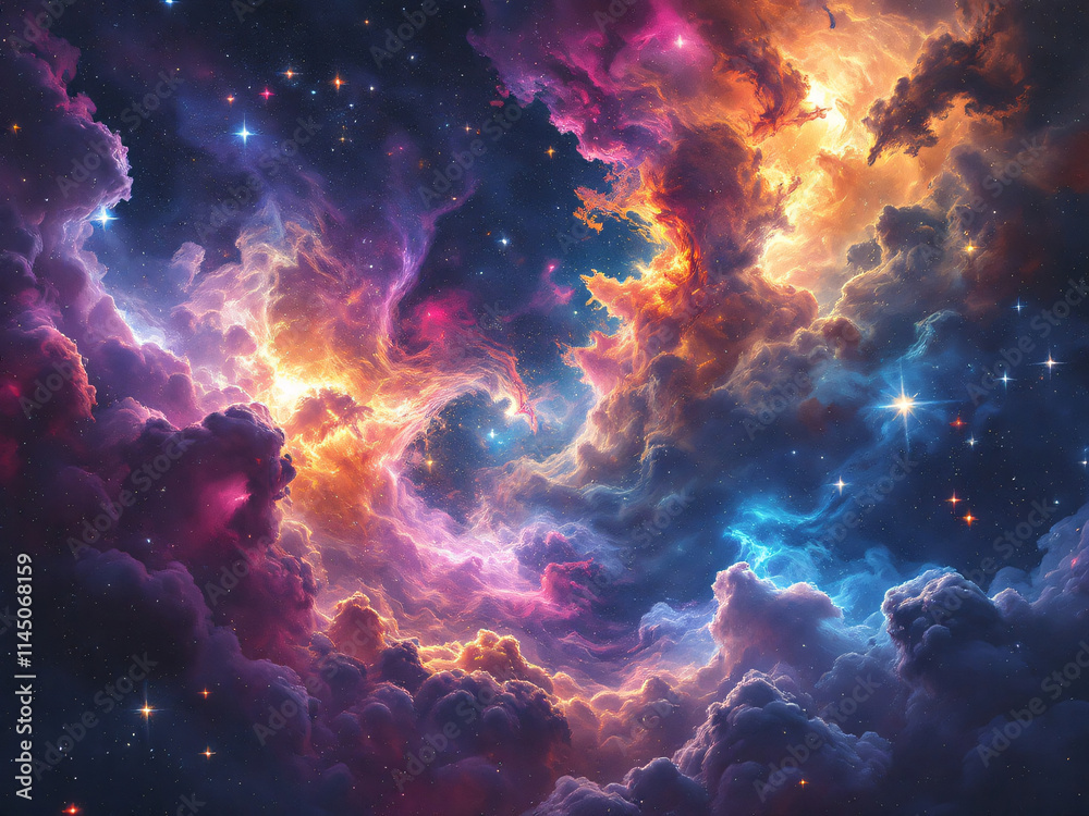 vibrant cosmic nebula with swirling colors and glowing stars in deep space.