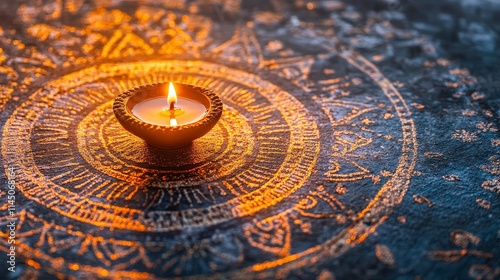 A lit diya oil lamp sits on a dark surface adorned with a circular golden pattern. The warm glow emanates a sense of peace and spirituality. photo