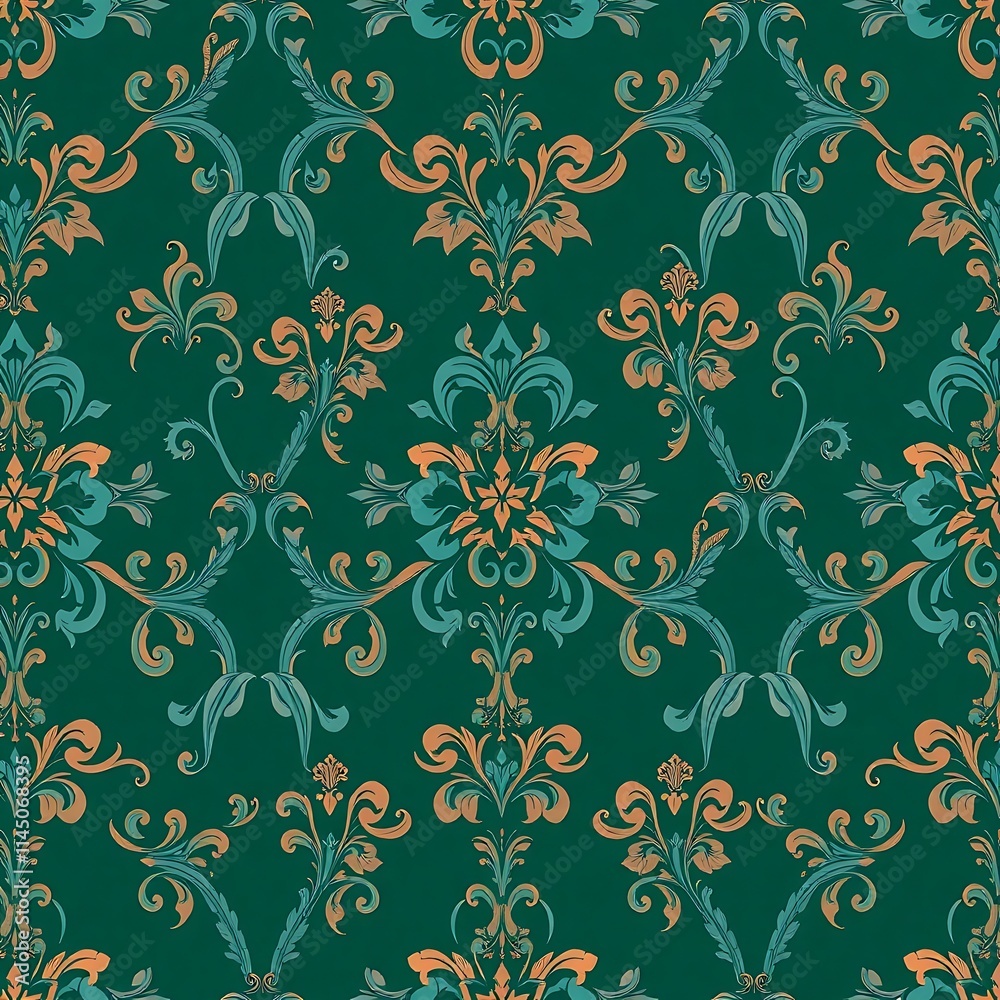 Fototapeta premium Emerald Green Damask Pattern: A classic damask pattern in a vibrant emerald green with intricate details in a warm peach hue.