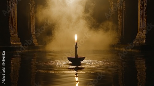 A single lit candle floats on a small bowl in the center of a dark water-filled chamber. Fog hangs heavy in the air. Ornate pillars line the sides. photo