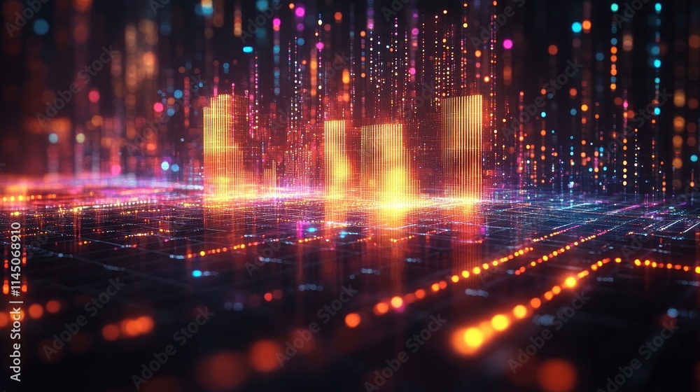 Fototapeta premium A vibrant digital landscape with glowing data streams and abstract structures.