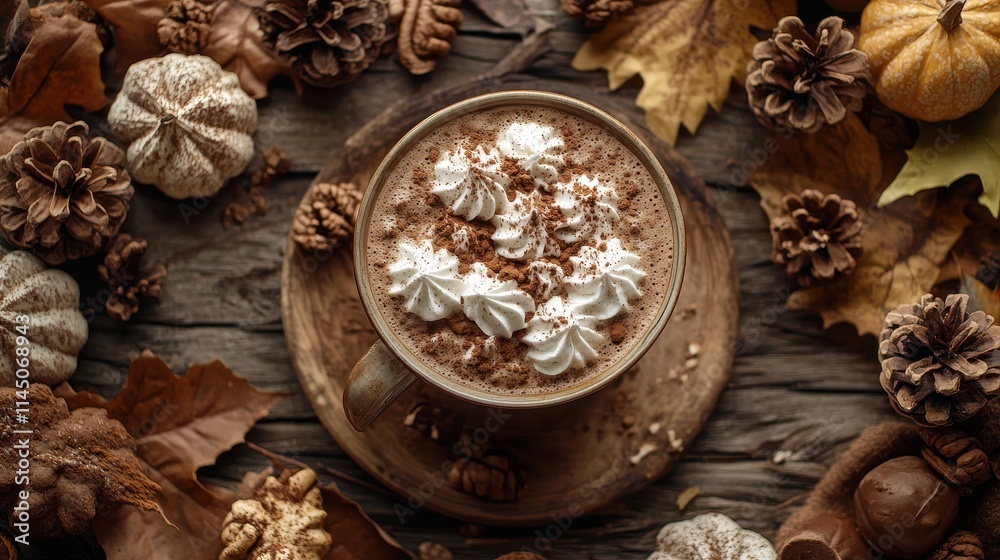 Cozy autumn treats with hot cocoa and freshly baked cookies surrounded by seasonal decor Cozy autumn treats with hot cocoa and freshly baked cookies surrounded by seasonal decor