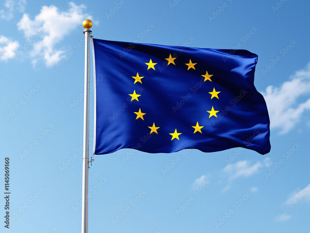European Union flag waving against a clear blue sky with scattered clouds. European Union flag waving against a clear blue sky with scattered clouds.