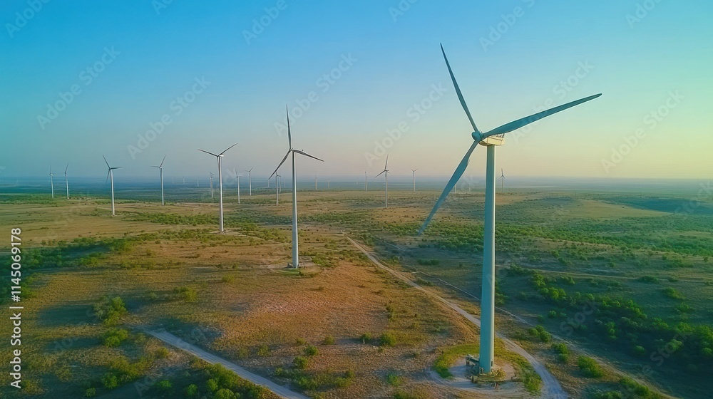 Obraz premium Aerial view of wind turbines in a field.