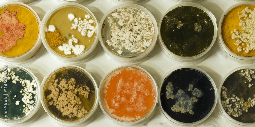 Various molds growing in petri dishes in a laboratory setting Various molds growing in petri dishes in a laboratory setting