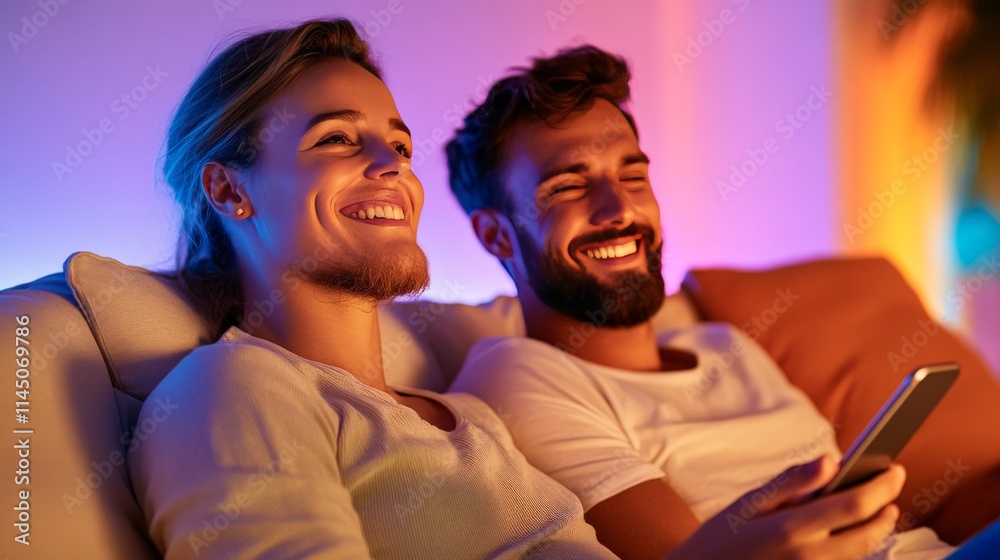 Obraz premium Two young men laughing together on a couch illuminated by warm ambient lighting exuding camaraderie joy and casual modern lifestyle vibes