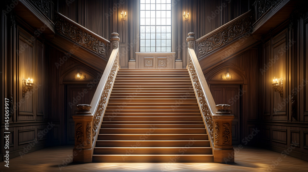 Fototapeta premium Grand, ornate wooden staircase in a dark, elegant interior with a large window at the top.