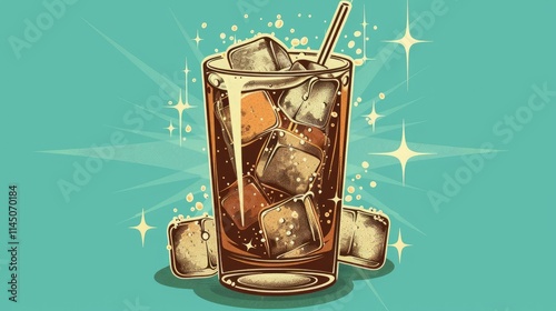 Retro illustration of a fizzy drink with ice cubes in a tall glass.