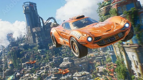 a thrilling race between flying cars above a futuristic metropolis, sleek vehicles zooming through the sky with neon lights trailing behind, towering skyscrapers and holographic advertisements illumin photo