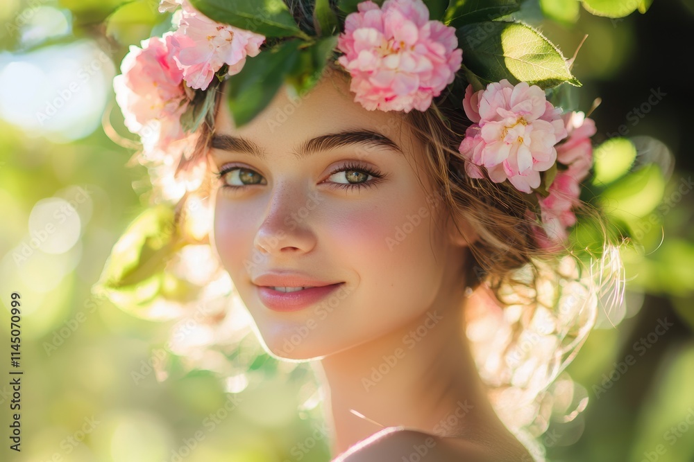 Fototapeta premium Spring Beauty: Smiling Young Woman with Pink Flowers and Sunlit Greenery
