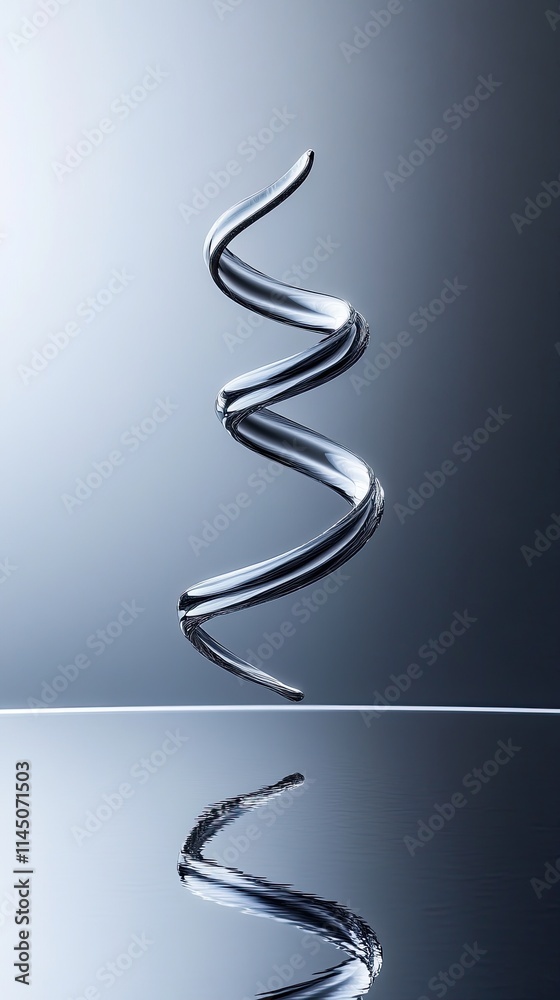 Abstract silver spiral reflecting on a surface.