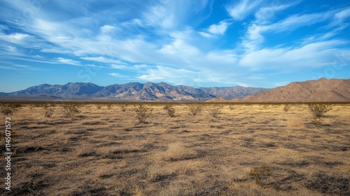 Expansive Desert Landscape With Distant Mountains Under a Blue Sky During Daylight Hours in a Remote Region photo