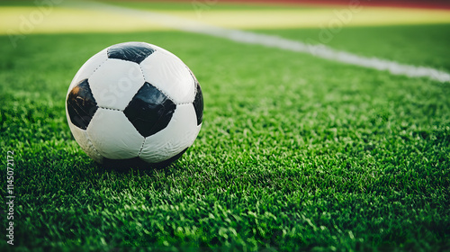 Traditional soccer ball on a green sports field