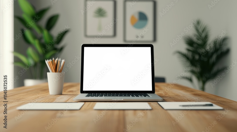 Open laptop showing white screen on wooden desk in home office Open laptop showing white screen on wooden desk in home office