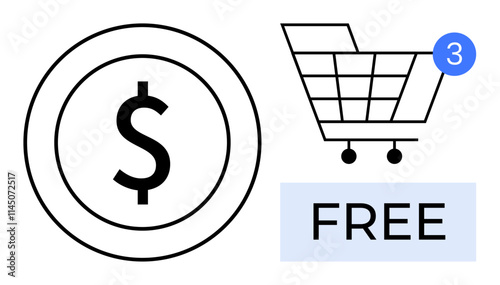 Dollar sign coin, shopping cart with three notifications, and Free label. Ideal for e-commerce, sales, marketing, free offers, online shopping promotions and retail concepts. Line metaphor