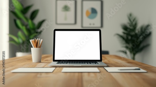 Open laptop showing white screen on wooden desk in home office