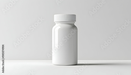 Mockup of a plain white medicine bottle on a seamless white background, focusing on minimalism.