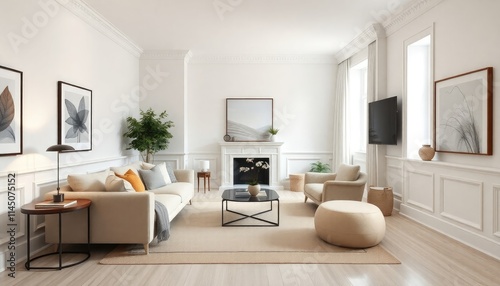 A sleek townhouse living room with glossy white skirting boards, minimalist decor, and soft natural textiles to create a clean